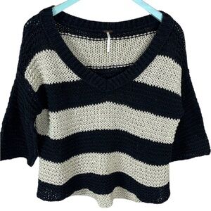 Free People Park Slope Black & Tan Knit Striped V Neck Sweater XS